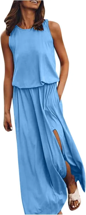 2024 Women Summer Dresses Sleeveless Casual Loose Midi Tank Dress Hide Belly Blouson Knee Length Sundress with Pockets
