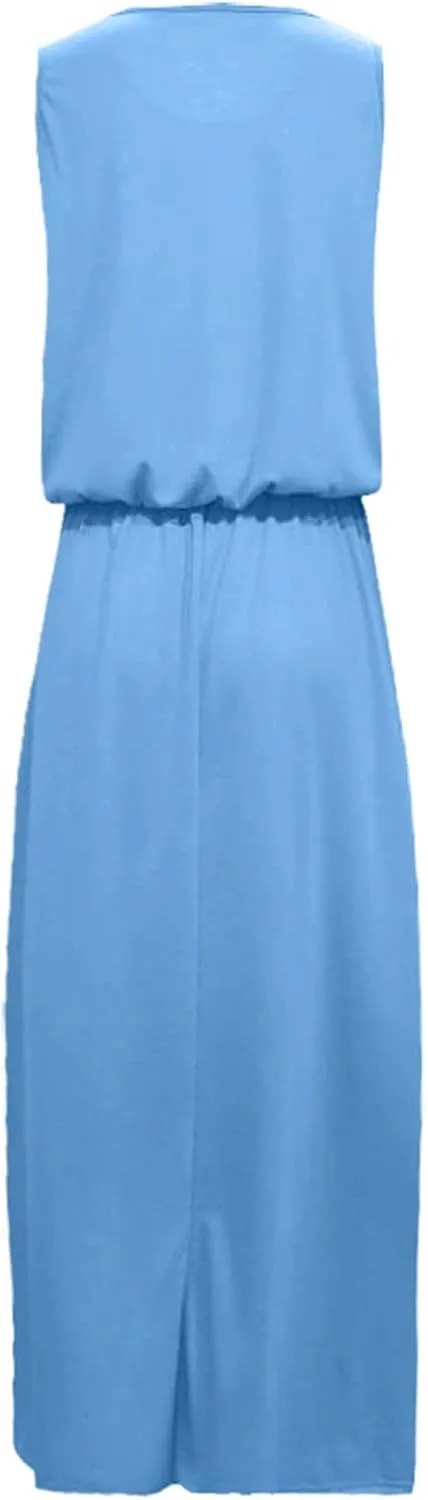 2024 Women Summer Dresses Sleeveless Casual Loose Midi Tank Dress Hide Belly Blouson Knee Length Sundress with Pockets