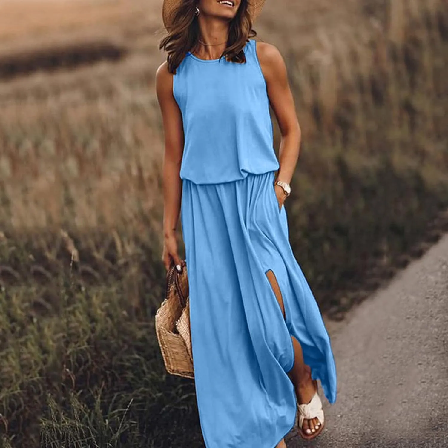 2024 Women Summer Dresses Sleeveless Casual Loose Midi Tank Dress Hide Belly Blouson Knee Length Sundress with Pockets