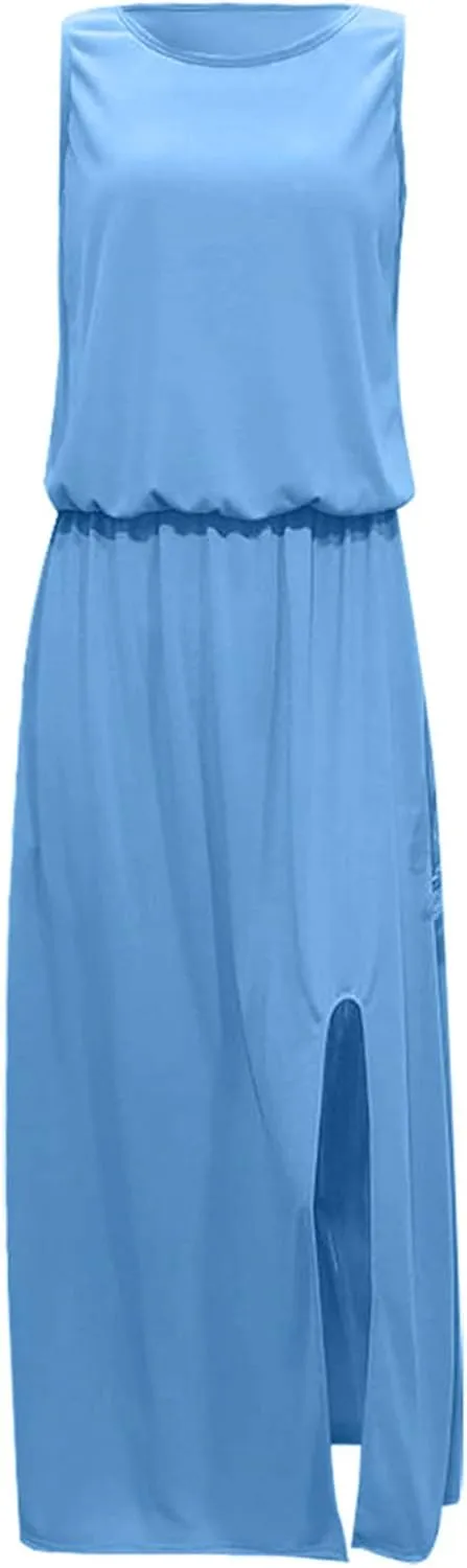2024 Women Summer Dresses Sleeveless Casual Loose Midi Tank Dress Hide Belly Blouson Knee Length Sundress with Pockets