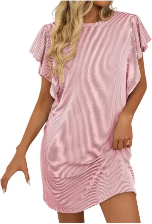 2025 Mini Dresses for Women Summer Casual Ruffle Short Sleeve Cute Crew Neck Flowy Dress Solid Color Loose Dress