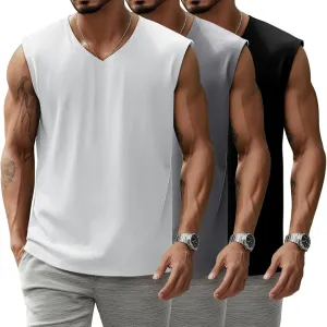 3 Pack Mens V Neck Tank Tops 95% Cotton Sleeveless Big and Tall Muscle Cut Off Shirts Gym Workout Tee
