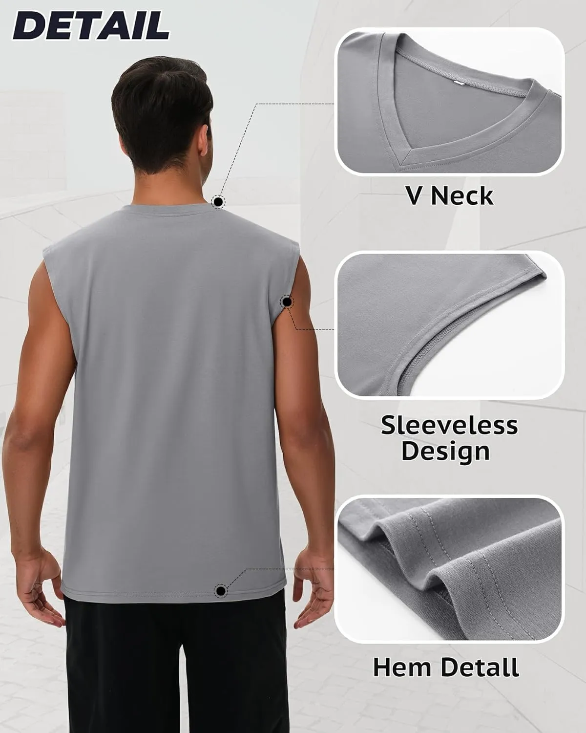3 Pack Mens V Neck Tank Tops 95% Cotton Sleeveless Big and Tall Muscle Cut Off Shirts Gym Workout Tee