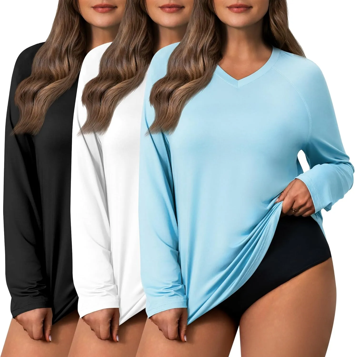 3 Pack Women's Plus Size Long Sleeve Rash Guards, UV Sun Protection Shirts Quick Dry V Neck Swim Tops Fishing Tee