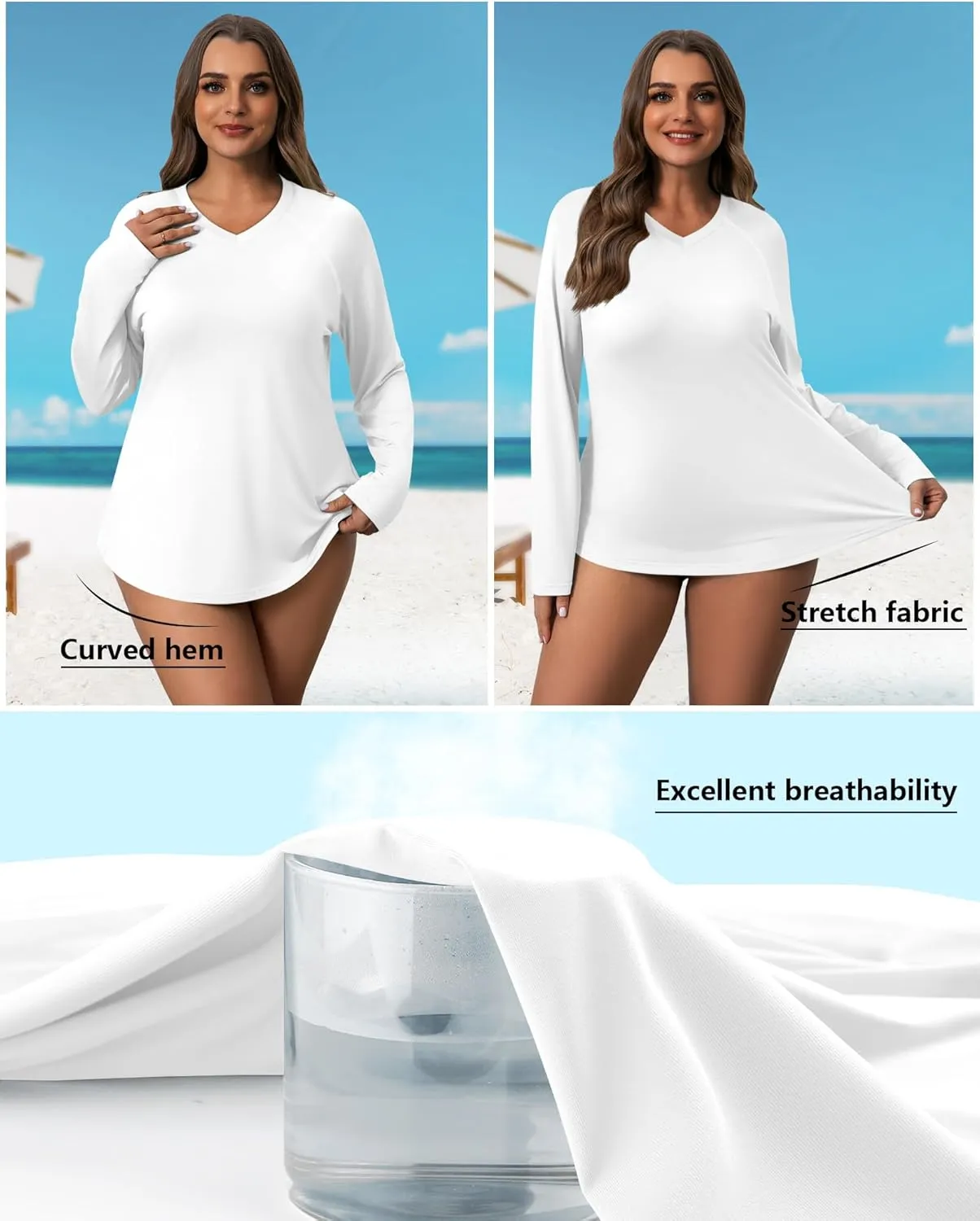 3 Pack Women's Plus Size Long Sleeve Rash Guards, UV Sun Protection Shirts Quick Dry V Neck Swim Tops Fishing Tee