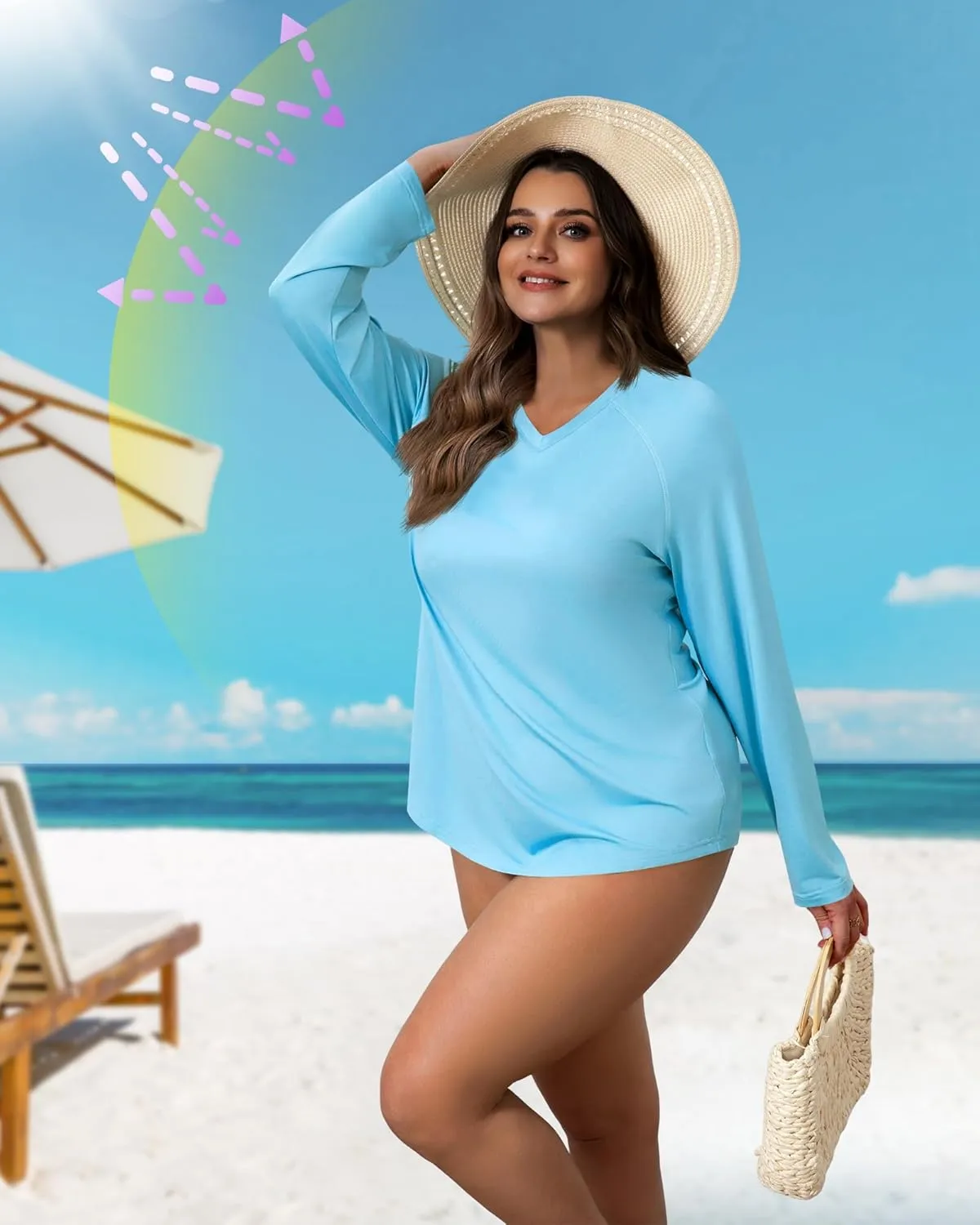 3 Pack Women's Plus Size Long Sleeve Rash Guards, UV Sun Protection Shirts Quick Dry V Neck Swim Tops Fishing Tee