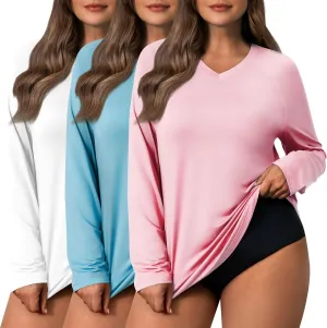 3 Pack Women's Plus Size Long Sleeve Rash Guards, UV Sun Protection Shirts Quick Dry V Neck Swim Tops Fishing Tee