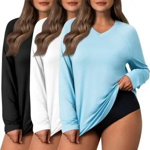 3 Pack Women's Plus Size Long Sleeve Rash Guards, UV Sun Protection Shirts Quick Dry V Neck Swim Tops Fishing Tee