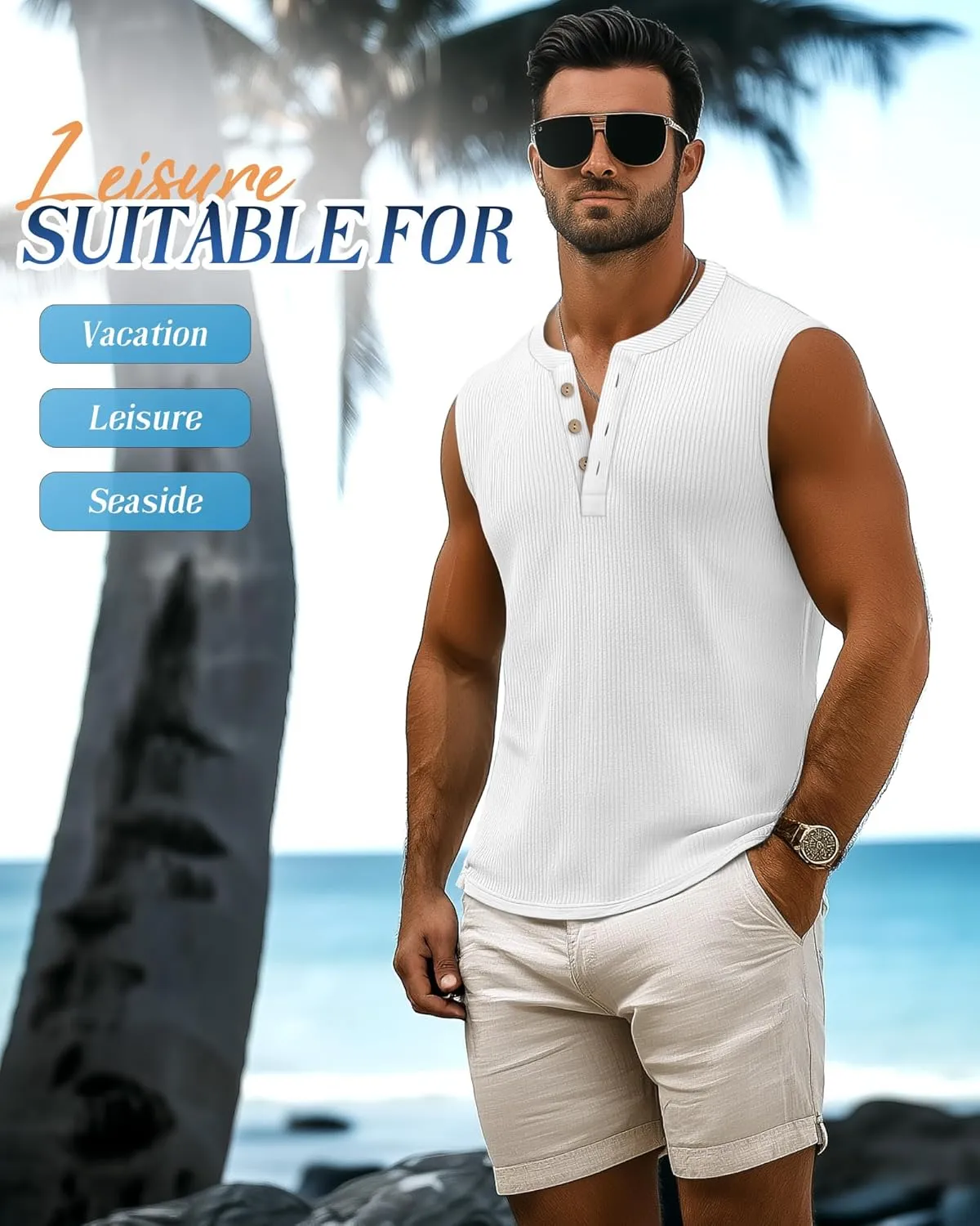 3 Pcs Men's Big and Tall Tank Top Ribbed Plus Size Sleeveless Henley Shirt Crewneck T Shirt 1X-5X