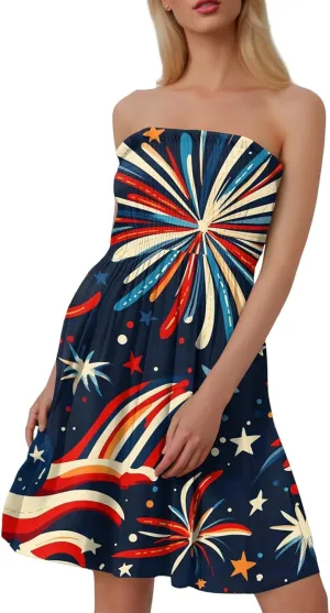 4th of July Dresses for Women American Flag Strapless Sundress Summer Beach Boho Smocked Tube Top Dress