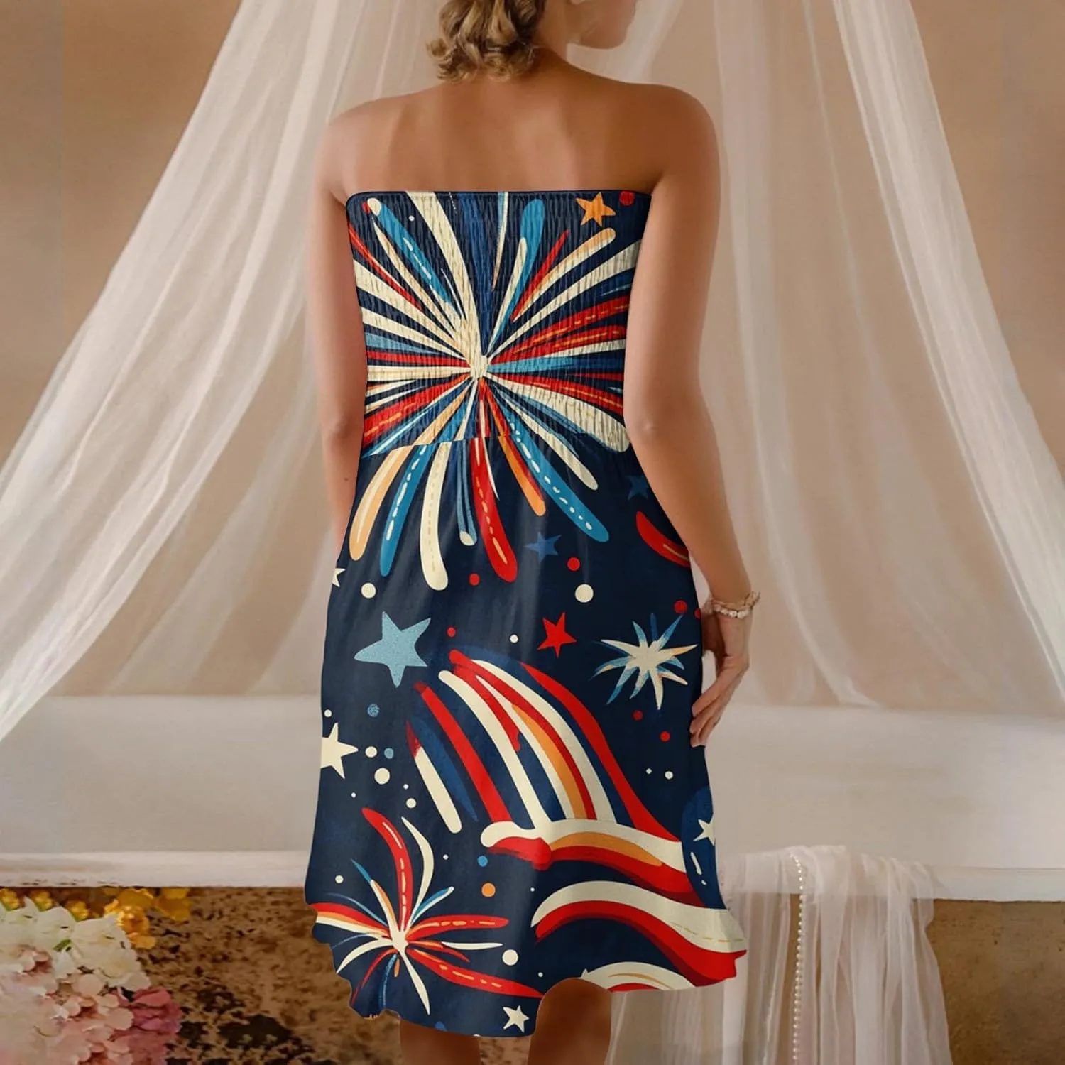 4th of July Dresses for Women American Flag Strapless Sundress Summer Beach Boho Smocked Tube Top Dress
