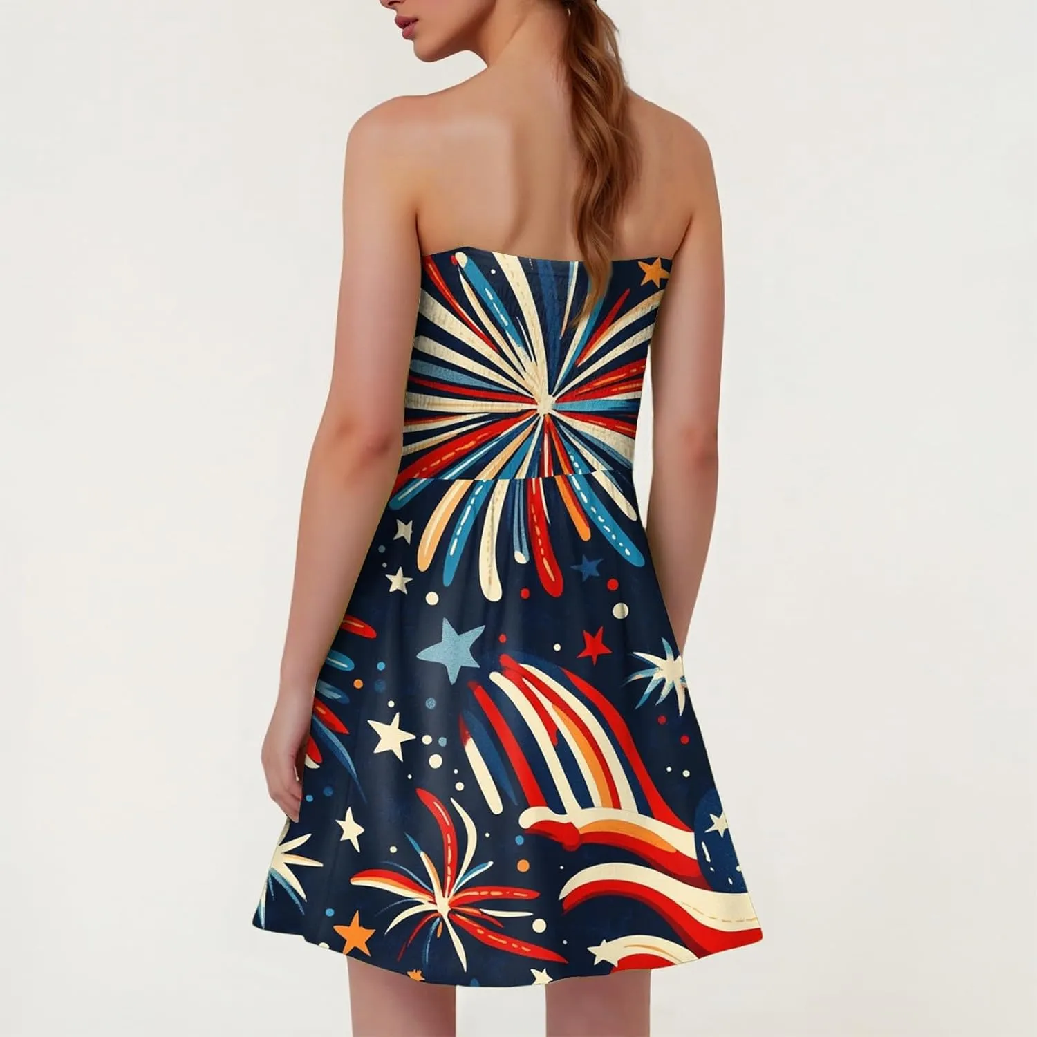 4th of July Dresses for Women American Flag Strapless Sundress Summer Beach Boho Smocked Tube Top Dress