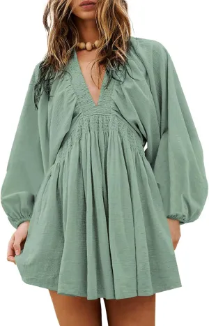 Acelitt Womens Spring Long Sleeve V Neck Casual Loose Flowy Ruffle A Line Babydoll Mini Dress Beach Vacation Outfits