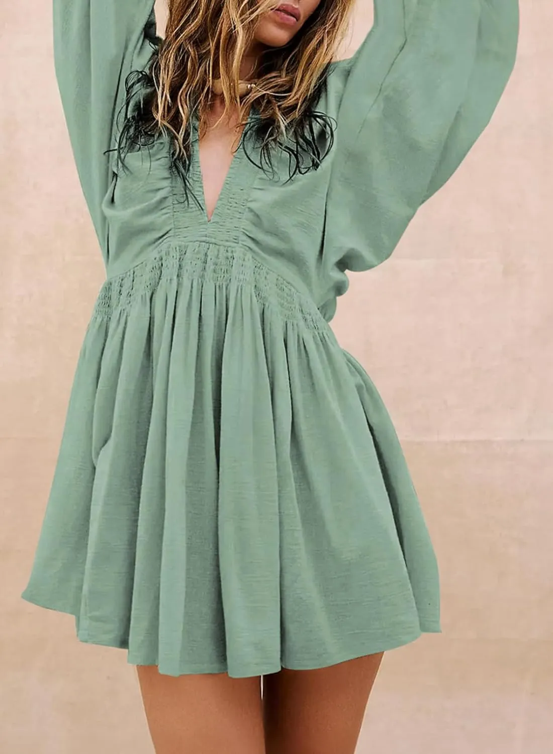 Acelitt Womens Spring Long Sleeve V Neck Casual Loose Flowy Ruffle A Line Babydoll Mini Dress Beach Vacation Outfits
