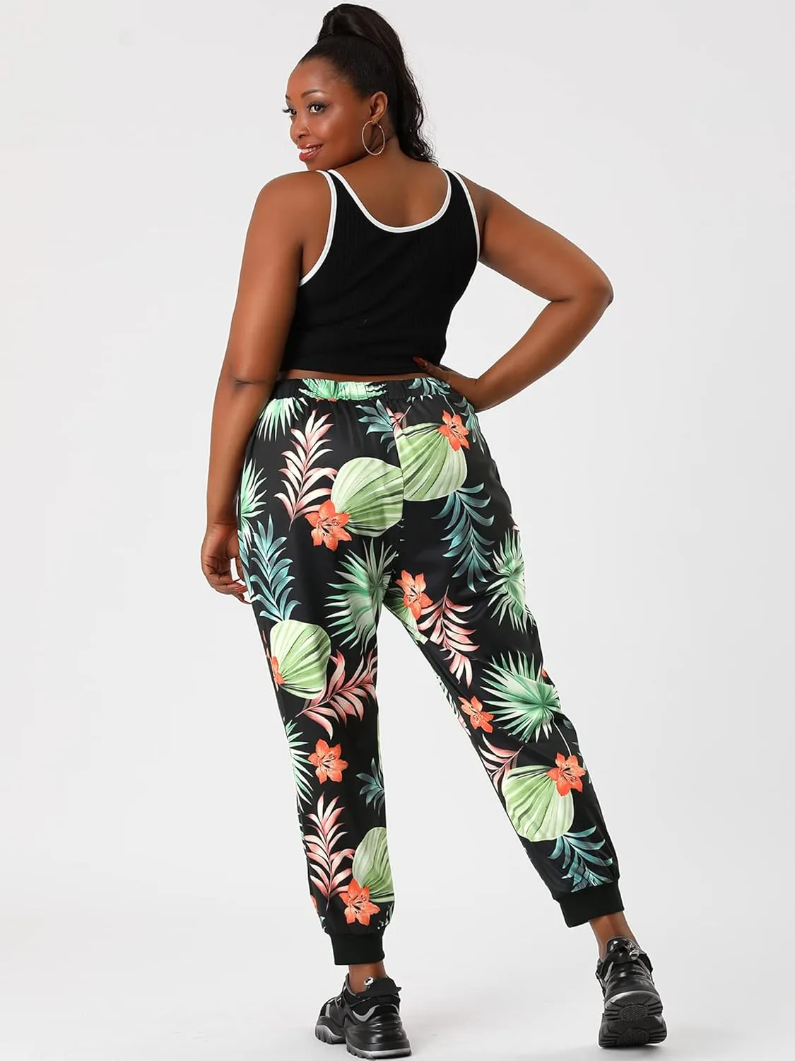 Agnes Orinda Women's Plus Size Sweatpants Elastic Pockets Jogger Tropical Floral Harem Pants 2024