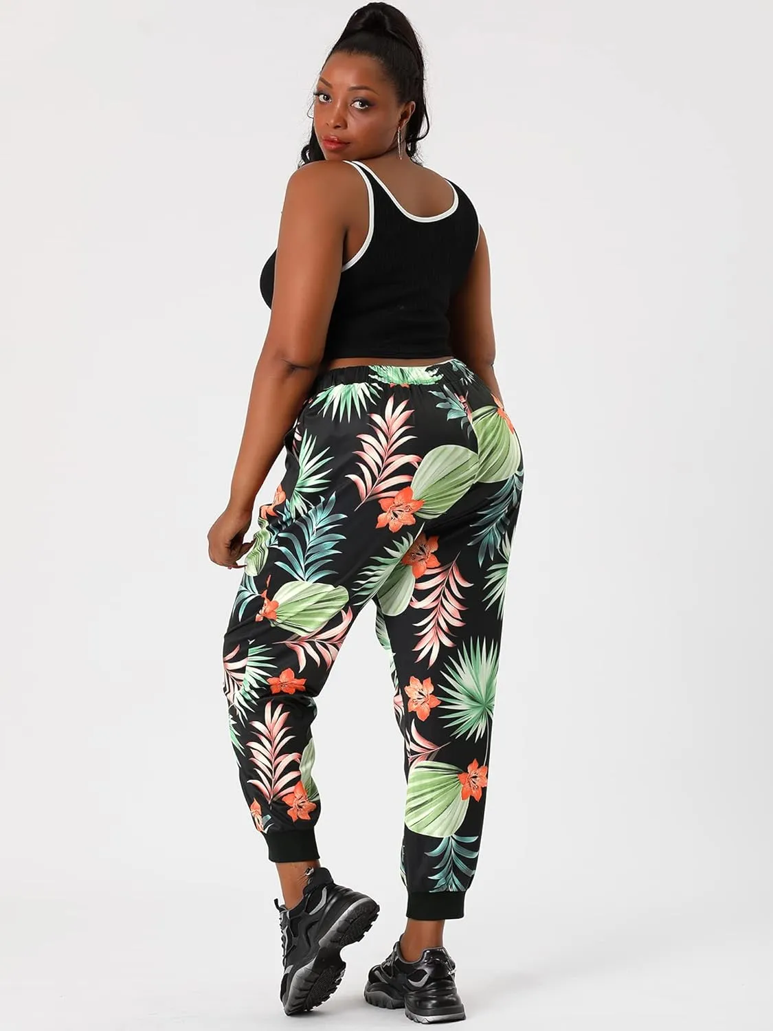 Agnes Orinda Women's Plus Size Sweatpants Elastic Pockets Jogger Tropical Floral Harem Pants 2024