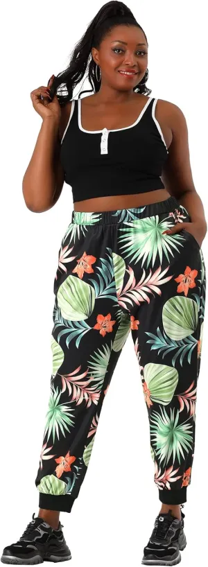 Agnes Orinda Women's Plus Size Sweatpants Elastic Pockets Jogger Tropical Floral Harem Pants 2024