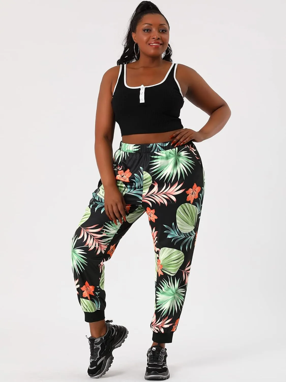 Agnes Orinda Women's Plus Size Sweatpants Elastic Pockets Jogger Tropical Floral Harem Pants 2024