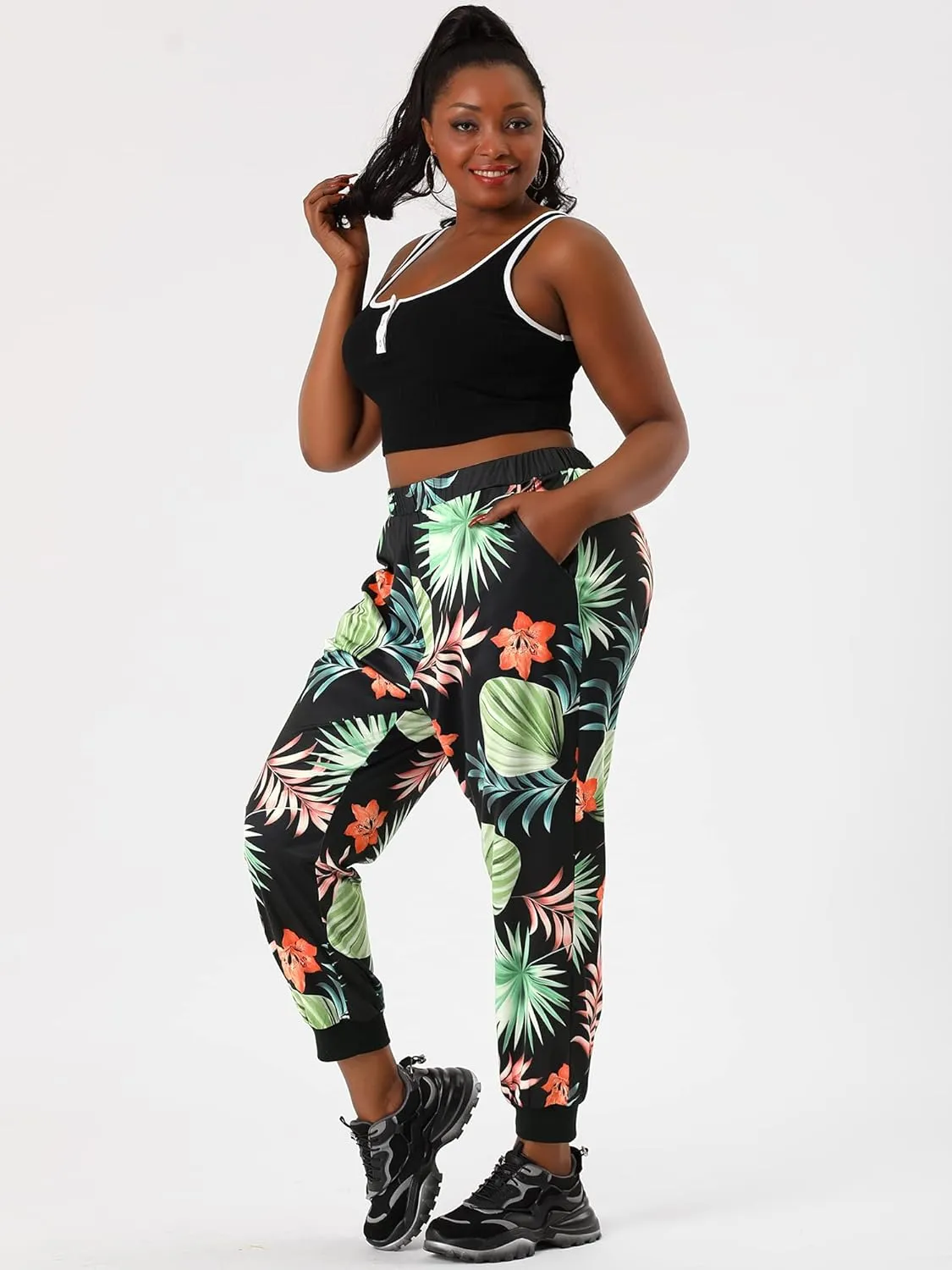 Agnes Orinda Women's Plus Size Sweatpants Elastic Pockets Jogger Tropical Floral Harem Pants 2024