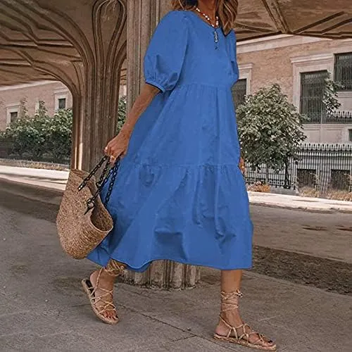 Akivide Women Cotton Linen Short Sleeve Maxi Dress Crewneck Tiered Solid Summer Casual Loose Flowy Beach Tshirt Dress