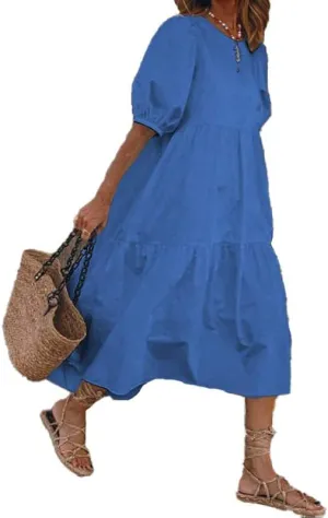 Akivide Women Cotton Linen Short Sleeve Maxi Dress Crewneck Tiered Solid Summer Casual Loose Flowy Beach Tshirt Dress