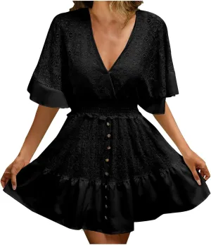 Akklian Women's Floral Lace Mini Dress White Bridesmaid Wedding Party Dresses V Neck Empire Waist Ruffle Hem Summer Dress