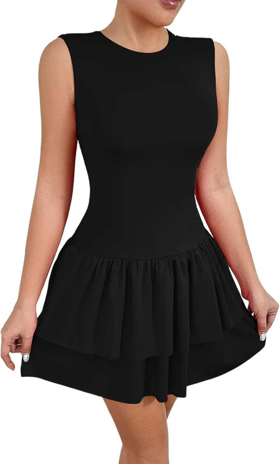 Akklian Women's Summer Sleeveless Crewneck Mini Tennis Dress Tiered Ruffle Hem Slim Fit Bodycon Party Dresses 2025 Fashion