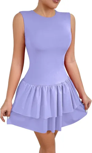Akklian Women's Summer Sleeveless Crewneck Mini Tennis Dress Tiered Ruffle Hem Slim Fit Bodycon Party Dresses 2025 Fashion