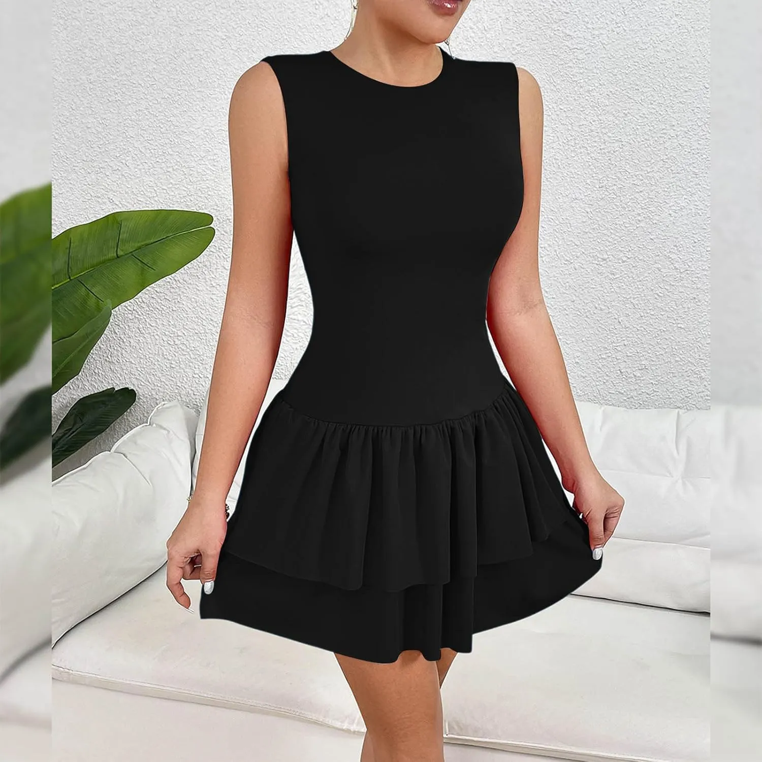 Akklian Women's Summer Sleeveless Crewneck Mini Tennis Dress Tiered Ruffle Hem Slim Fit Bodycon Party Dresses 2025 Fashion