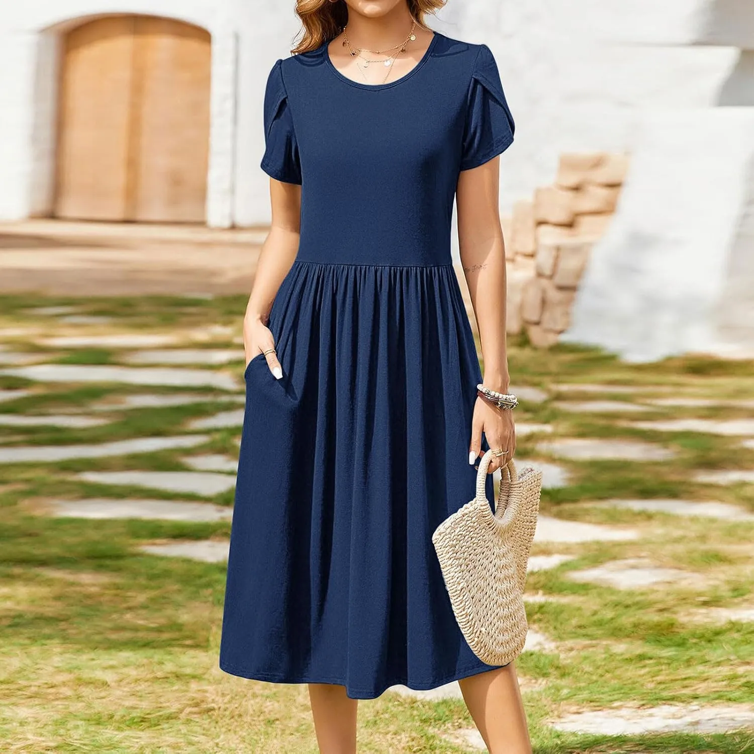 Aline Dress for Women Summer Short Sleeve Curvy Hem Dresses Vacation Boho Beach Sundress with Pockets