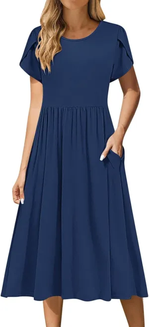 Aline Dress for Women Summer Short Sleeve Curvy Hem Dresses Vacation Boho Beach Sundress with Pockets