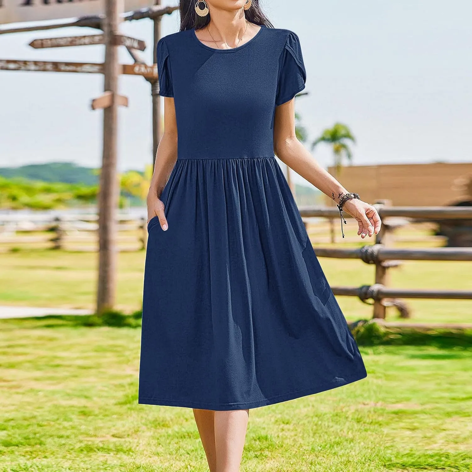 Aline Dress for Women Summer Short Sleeve Curvy Hem Dresses Vacation Boho Beach Sundress with Pockets