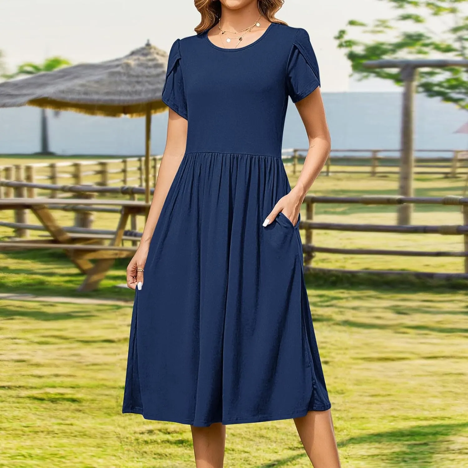 Aline Dress for Women Summer Short Sleeve Curvy Hem Dresses Vacation Boho Beach Sundress with Pockets
