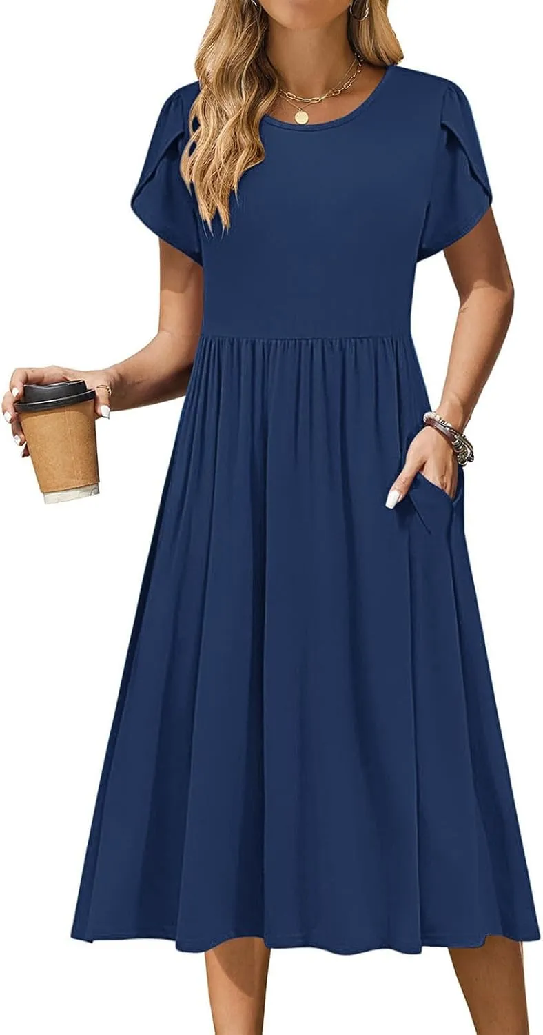 Aline Dress for Women Summer Short Sleeve Curvy Hem Dresses Vacation Boho Beach Sundress with Pockets