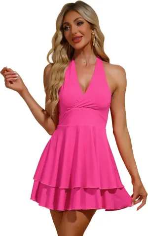 Allegra K Halter Dress for Women's Party Deep V Ruffle Hem Dress Slim Fit Short Party Mini Dresses