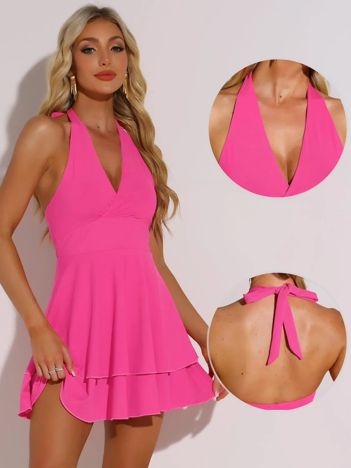 Allegra K Halter Dress for Women's Party Deep V Ruffle Hem Dress Slim Fit Short Party Mini Dresses