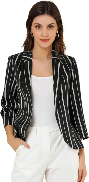 Allegra K Women's Striped Open Front Work Office 3/4 Sleeves Casual Notched Lapel Blazer
