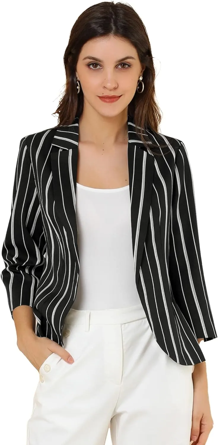 Allegra K Women's Striped Open Front Work Office 3/4 Sleeves Casual Notched Lapel Blazer