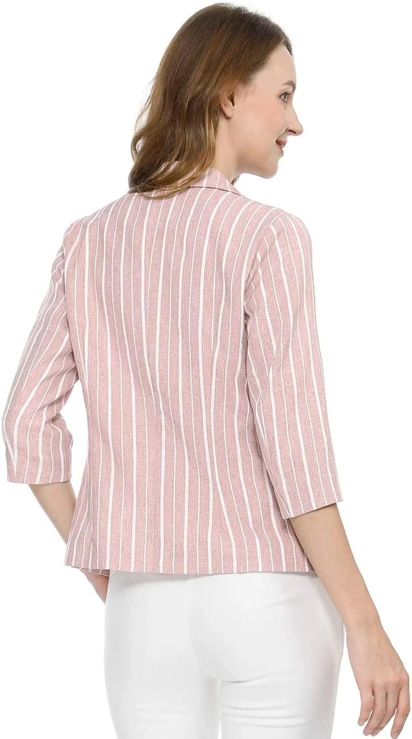 Allegra K Women's Striped Open Front Work Office 3/4 Sleeves Casual Notched Lapel Blazer