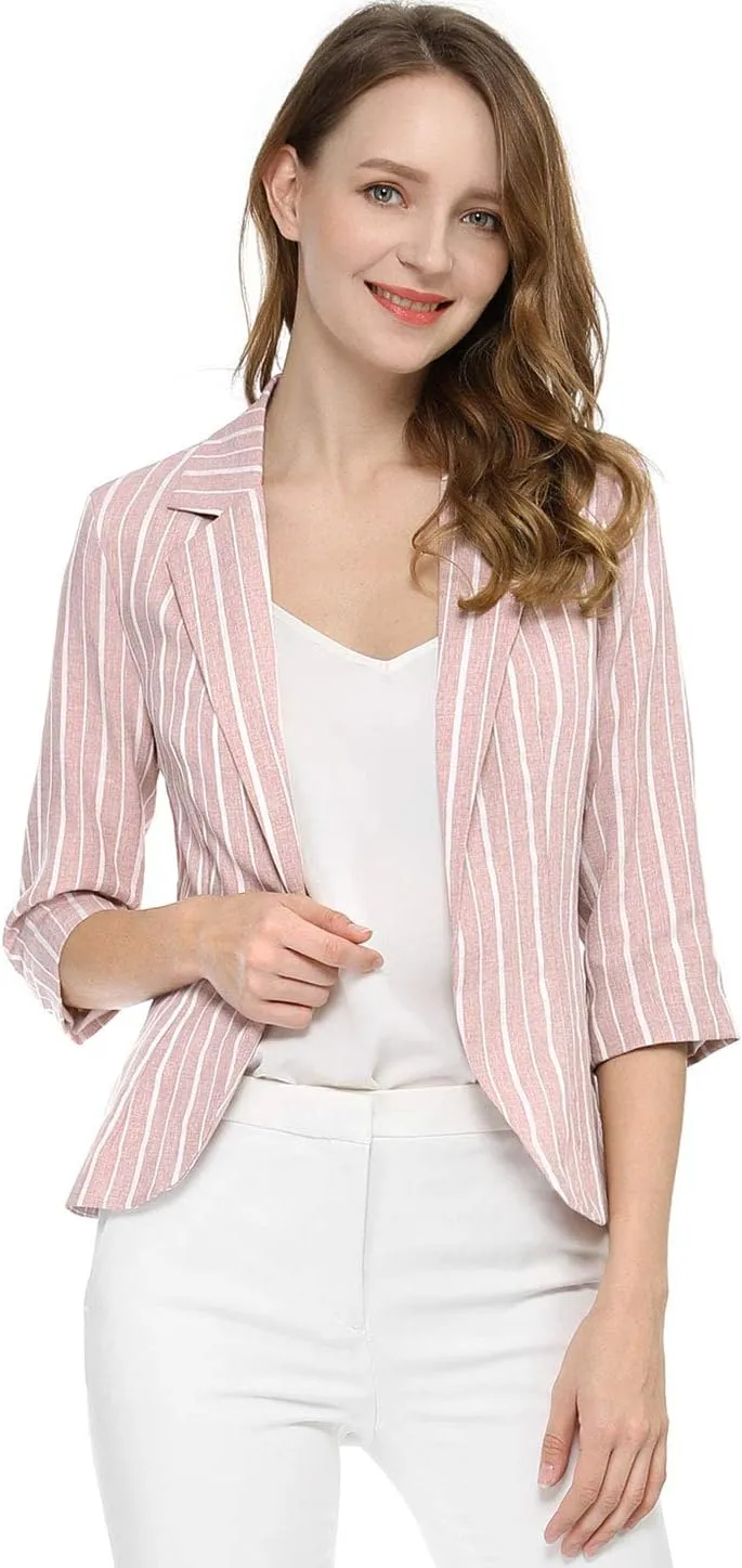 Allegra K Women's Striped Open Front Work Office 3/4 Sleeves Casual Notched Lapel Blazer