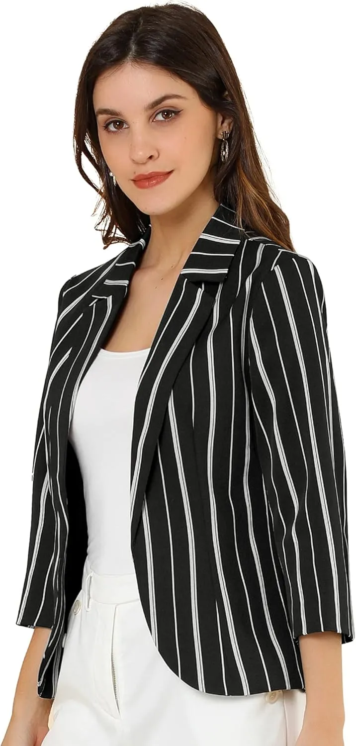 Allegra K Women's Striped Open Front Work Office 3/4 Sleeves Casual Notched Lapel Blazer