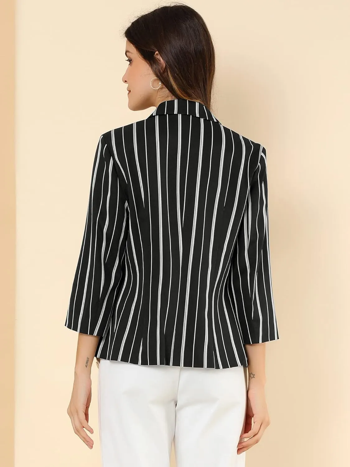 Allegra K Women's Striped Open Front Work Office 3/4 Sleeves Casual Notched Lapel Blazer
