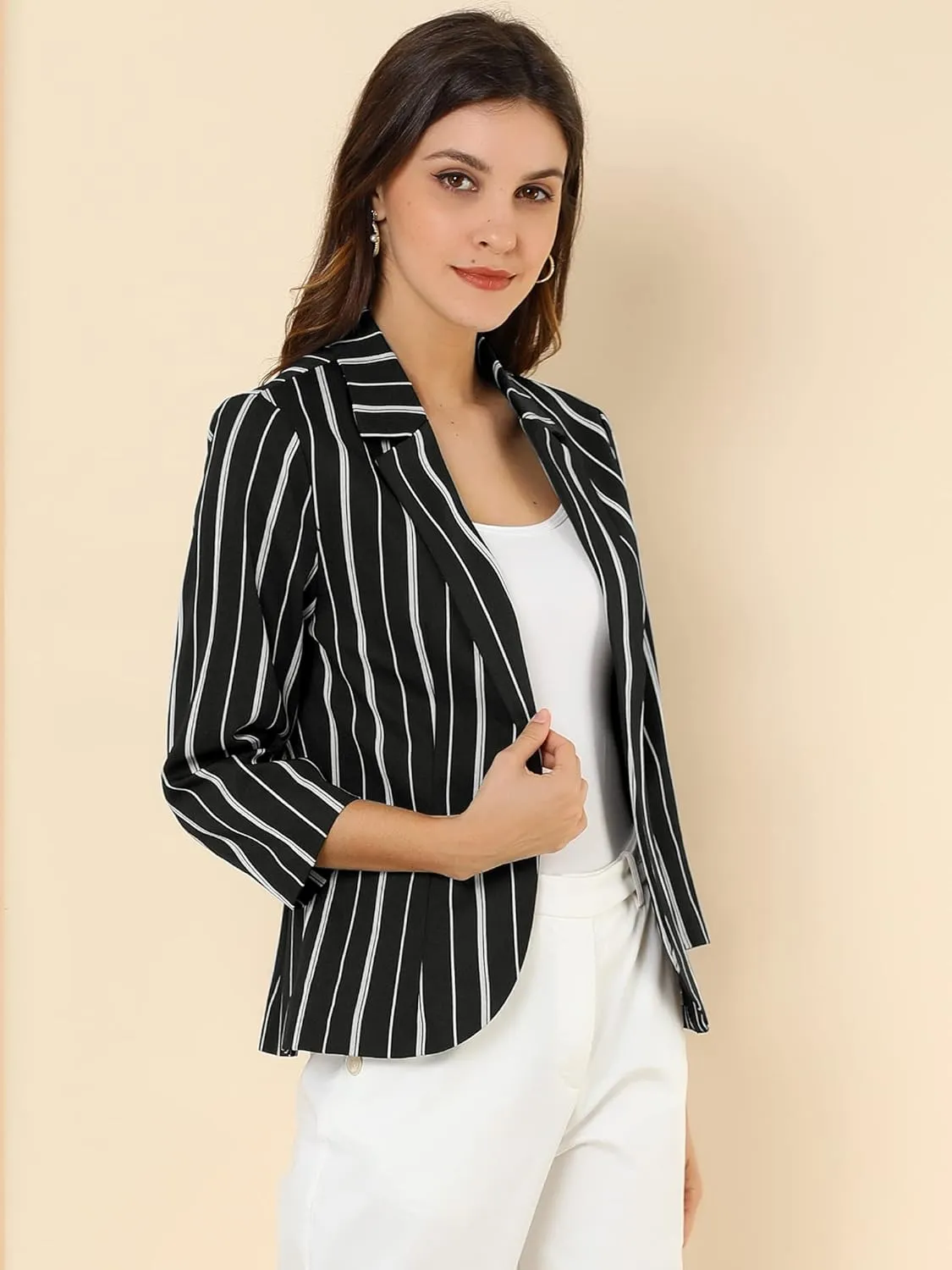 Allegra K Women's Striped Open Front Work Office 3/4 Sleeves Casual Notched Lapel Blazer