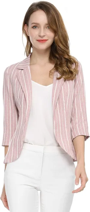 Allegra K Women's Striped Open Front Work Office 3/4 Sleeves Casual Notched Lapel Blazer