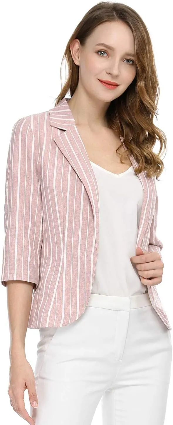 Allegra K Women's Striped Open Front Work Office 3/4 Sleeves Casual Notched Lapel Blazer