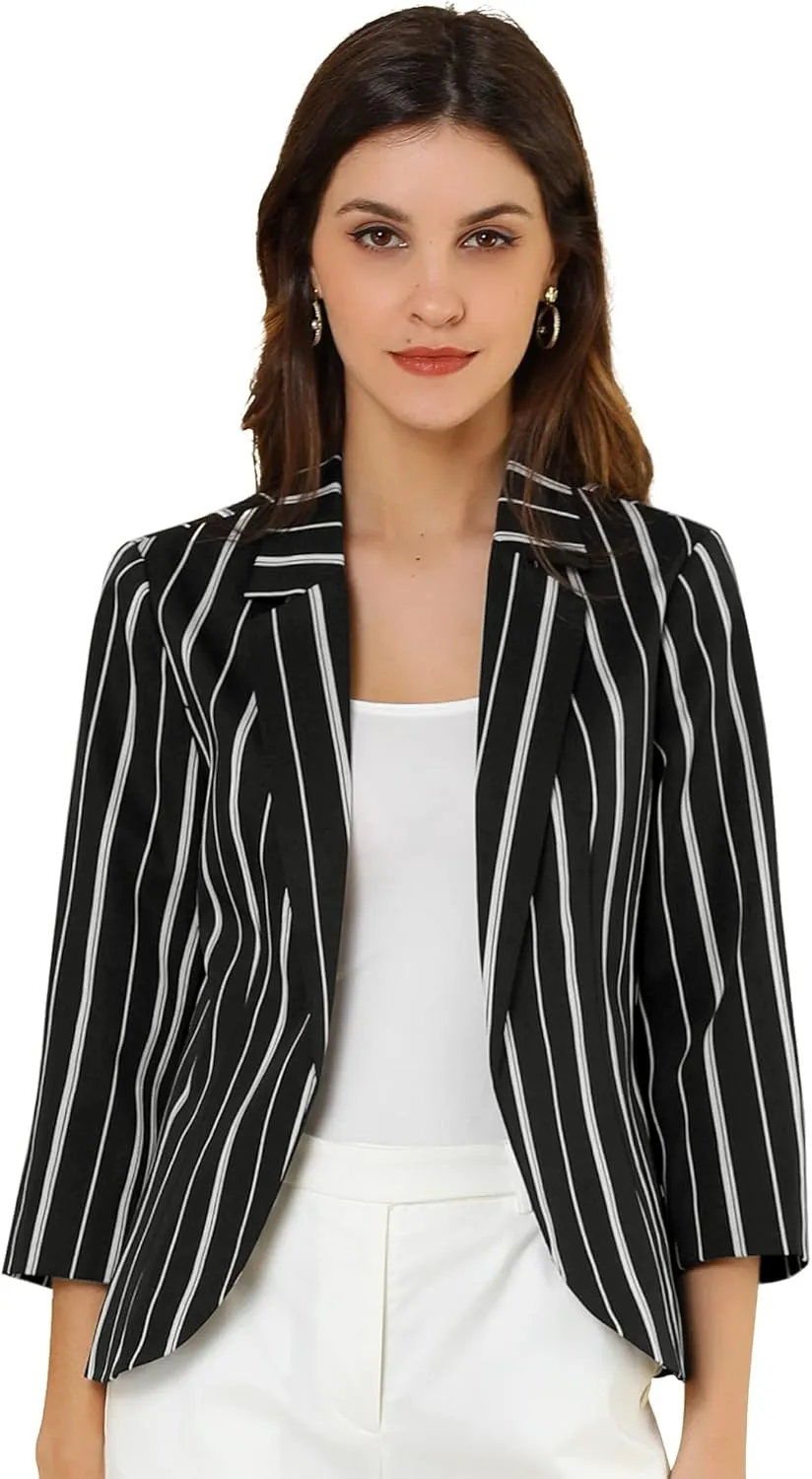 Allegra K Women's Striped Open Front Work Office 3/4 Sleeves Casual Notched Lapel Blazer