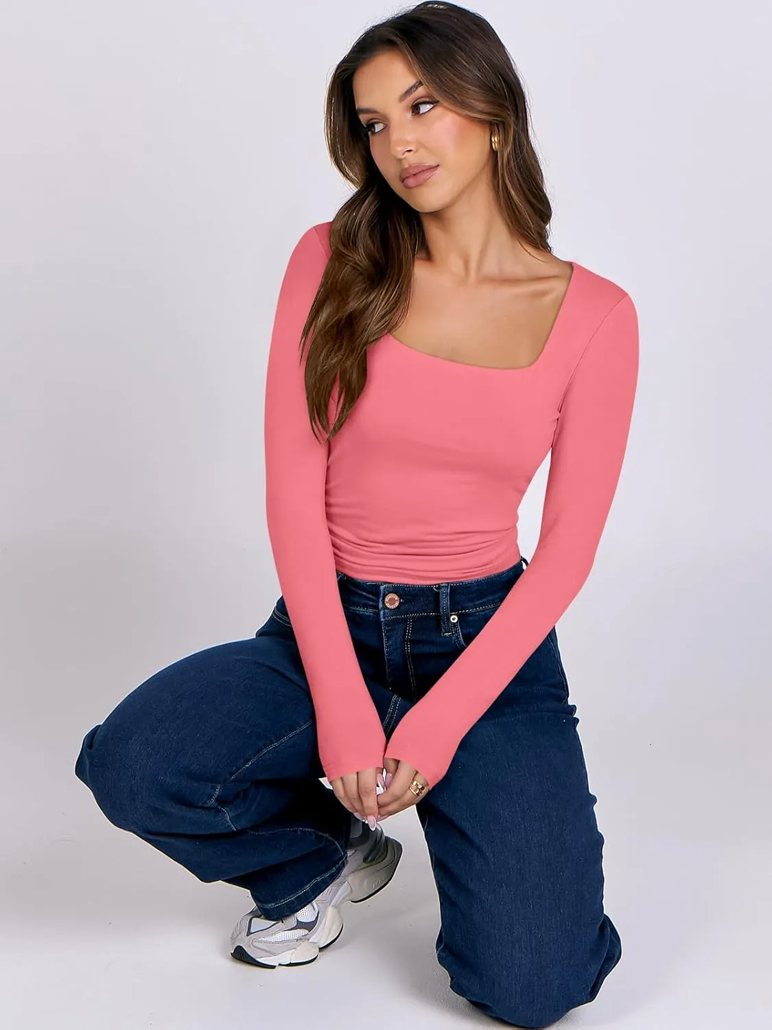 ANRABESS Women Double Lined Long Sleeve Crop Tops Shirts Square Neck Tight Fitted Going Out T-Shirt Basic Tee Outfits 2025