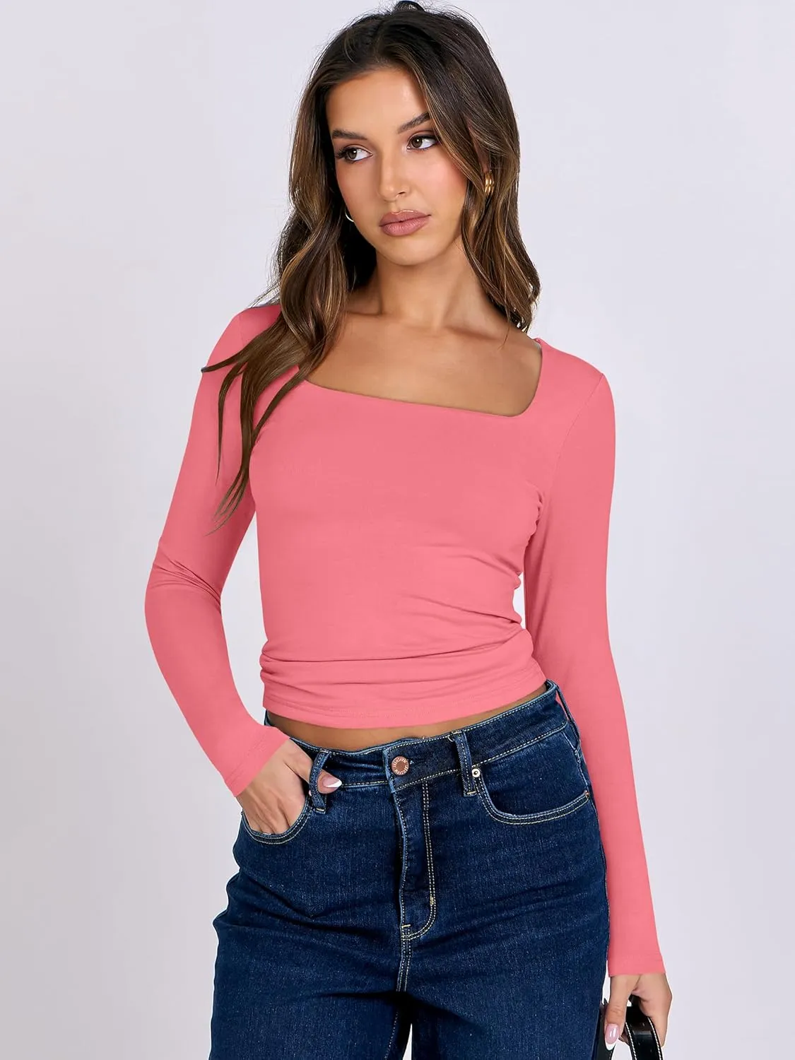 ANRABESS Women Double Lined Long Sleeve Crop Tops Shirts Square Neck Tight Fitted Going Out T-Shirt Basic Tee Outfits 2025