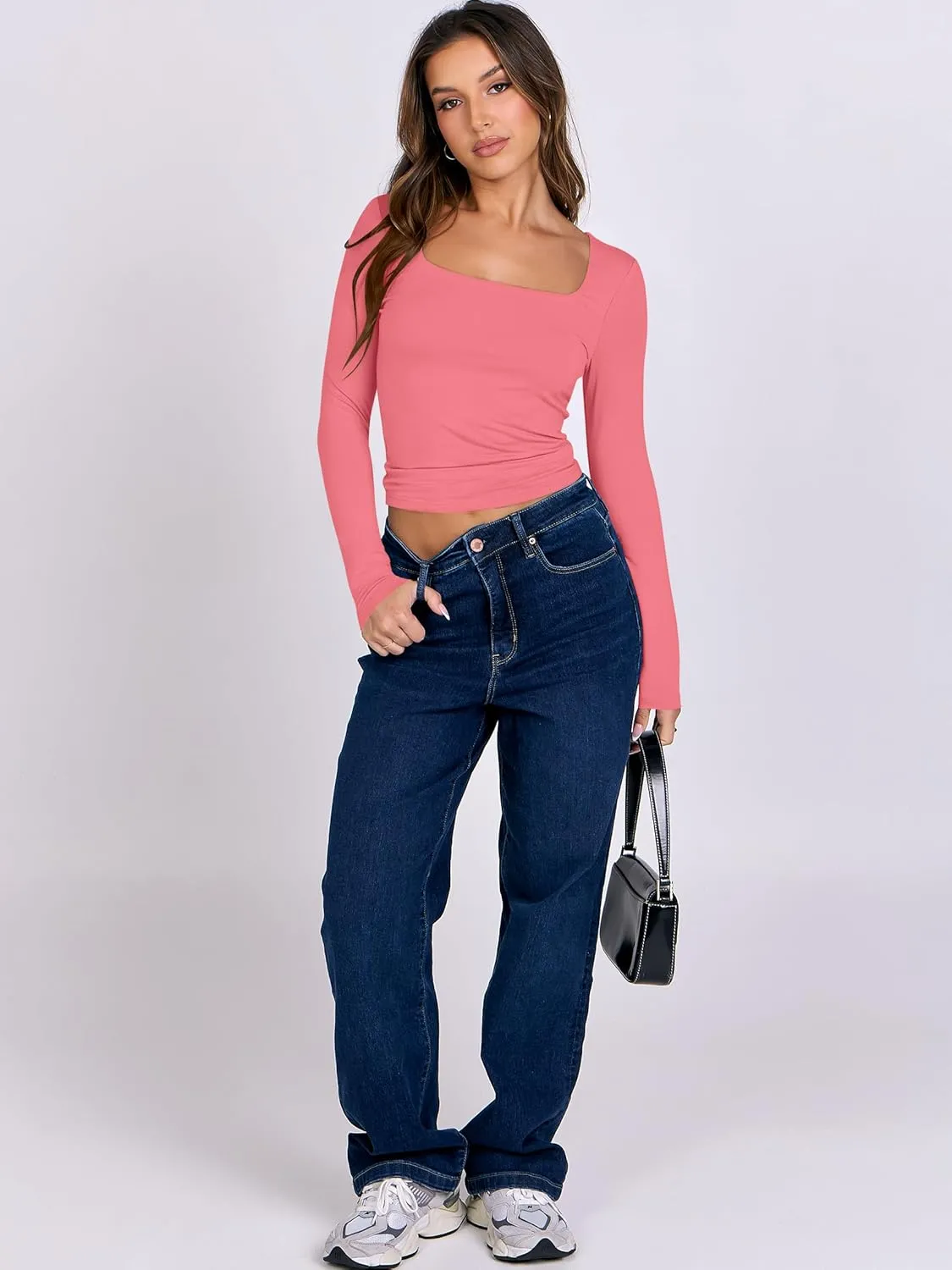 ANRABESS Women Double Lined Long Sleeve Crop Tops Shirts Square Neck Tight Fitted Going Out T-Shirt Basic Tee Outfits 2025