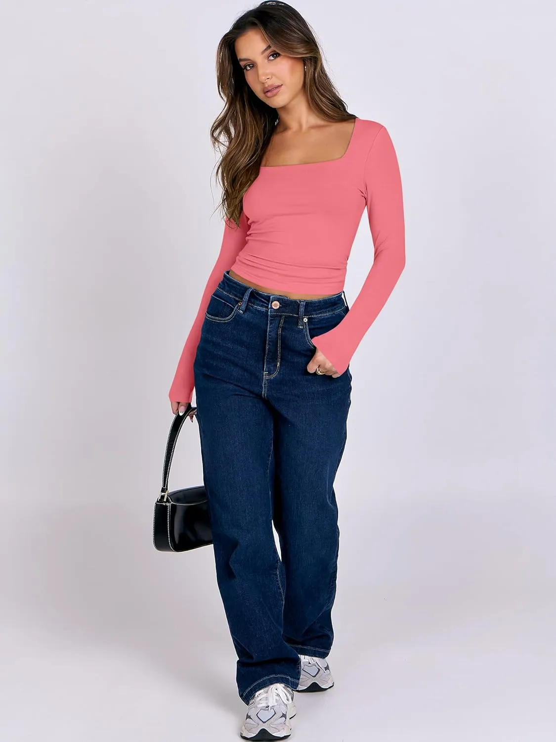ANRABESS Women Double Lined Long Sleeve Crop Tops Shirts Square Neck Tight Fitted Going Out T-Shirt Basic Tee Outfits 2025